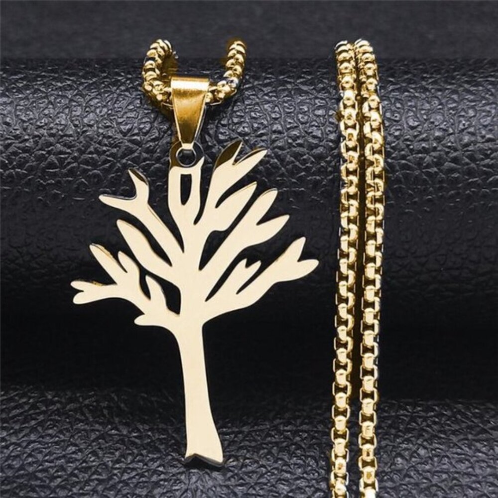 Gold Tree of Life Necklace Stainless Steel Pendant Men‎ Women Jewelry Gift